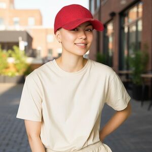 Pia Rossini Hat‎ Cap Snap Back Red Wool Galway Cap Dot Pattern Womens Adjustable